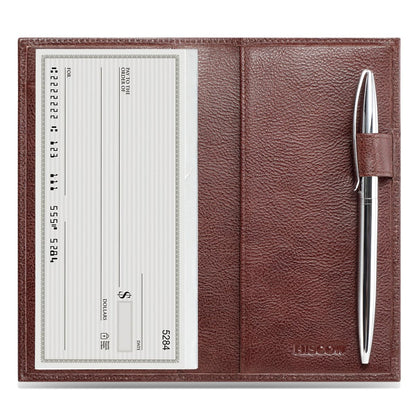 HOTHISCOW Leather Checkbook Cover for Duplicate Checks with Pen Holder | Full grain cowhide, personal check book & register pockets, removable vinyl divider, durable stitching, gifts for women men