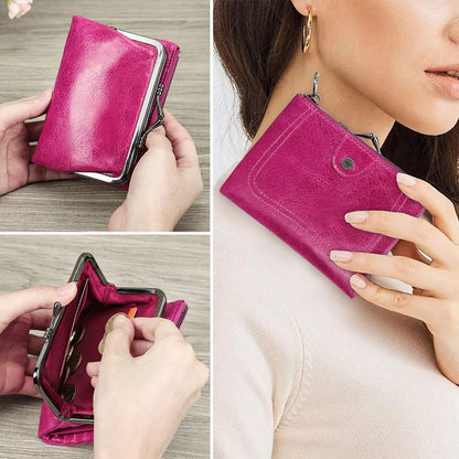 HOTCONTACTS Full Grain Leather Kiss Lock Wallet for Women Small Coin Purse Zipper Bifold Kiss Clasp Rfid Wallet Vintage Card Holder with Photo Window (Rose Red)