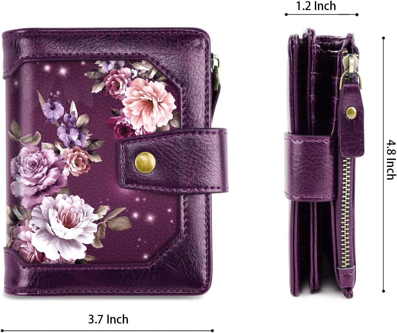 HOTSmall Womens Wallet Billfold RFID Credit Card Holder Ladies Purse | Compact Wallets Women, 2 ID Windows,16 Card Slots, Zipper Coin Pocket, PU Leather, Woman Female Girls Gift, Purple Flower