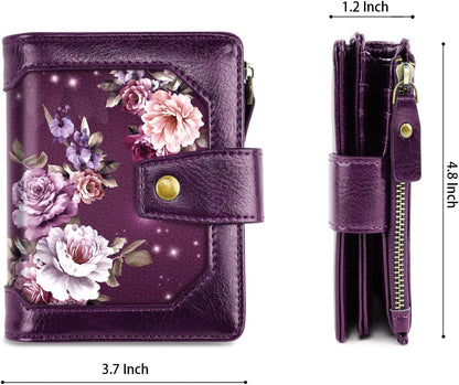 HOTSmall Womens Wallet Billfold RFID Credit Card Holder Ladies Purse | Compact Wallets Women, 2 ID Windows,16 Card Slots, Zipper Coin Pocket, PU Leather, Woman Female Girls Gift, Purple Flower