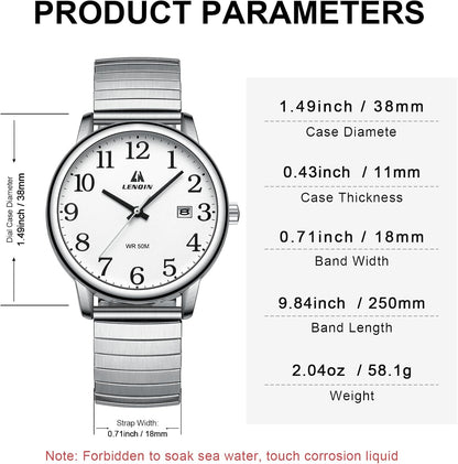 HOTLN LENQIN Mens Watches Stainless Steel Analog Quartz Watch for Men Easy Reader 38 mm Fashion Business Waterproof Men's Wrist Watches with Date and Expansion Band
