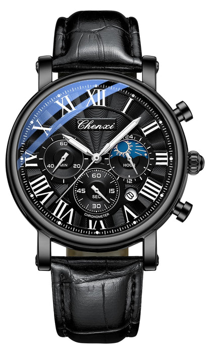 HOTFANMIS Men's Classic Watches Multifunctional Analog Watch Business Dress Waterproof Luminous Chronograph Starry Sky Moon Phase Leather Wristwatch