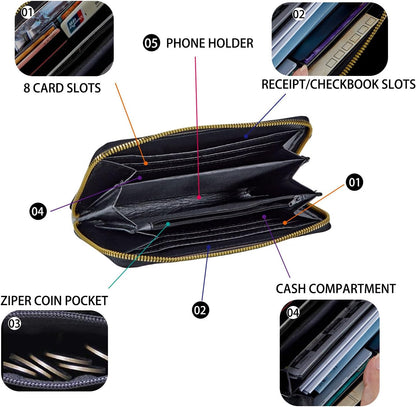HOTRFID-Blocking Zip Around Wallets for Women with Detachable Wrist Strap, Large Capacity Credit Card Holder for Secure Everyday Use,Rainbow Glitter Leopard Print