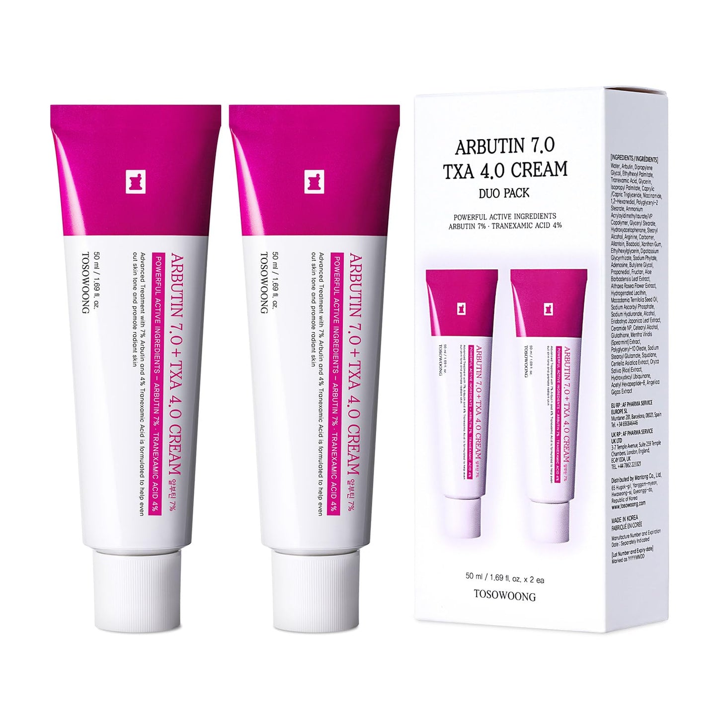 HOTTOSOWOONG Arbutin 7% + Tranexamic Acid 4% Cream, 70,000ppm Arbutin, 40,000ppm TXA, Niacinamide, Glutathione, Dark Spots, Freckle, Blemishes, Pigmentation, Korean Skin Care, 50ml, 1.69 fl.oz.
