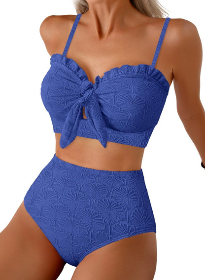 HOTHerseas Women's Seashell Textured Bikini Sets Knotted Front 2 Piece Swimsuits Ruffle Trim Bathing Suits