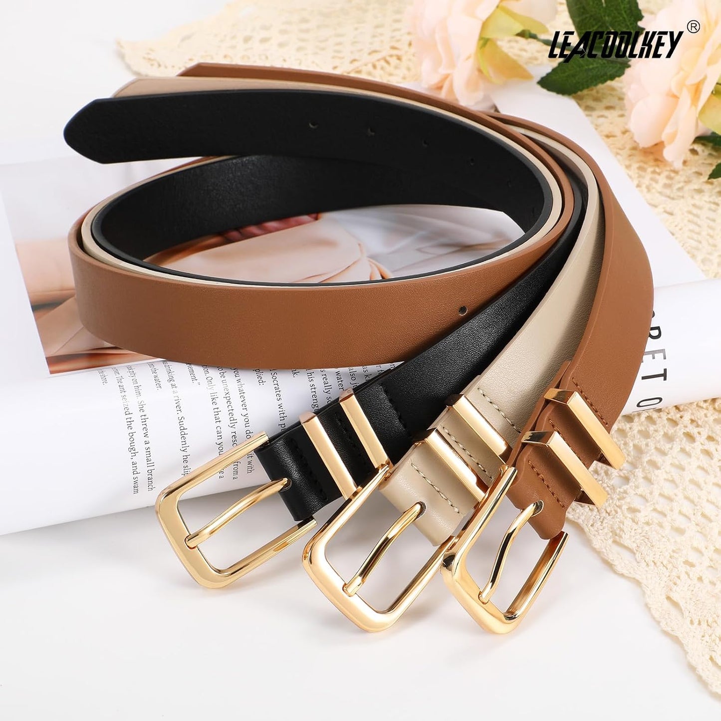 HOTLEACOOLKEY 3 Pack Women's Leather Belts for Jeans Dress Pants Fashion Ladies Leather Belts with Gold Buckle