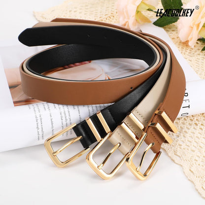 HOTLEACOOLKEY 3 Pack Women's Leather Belts for Jeans Dress Pants Fashion Ladies Leather Belts with Gold Buckle