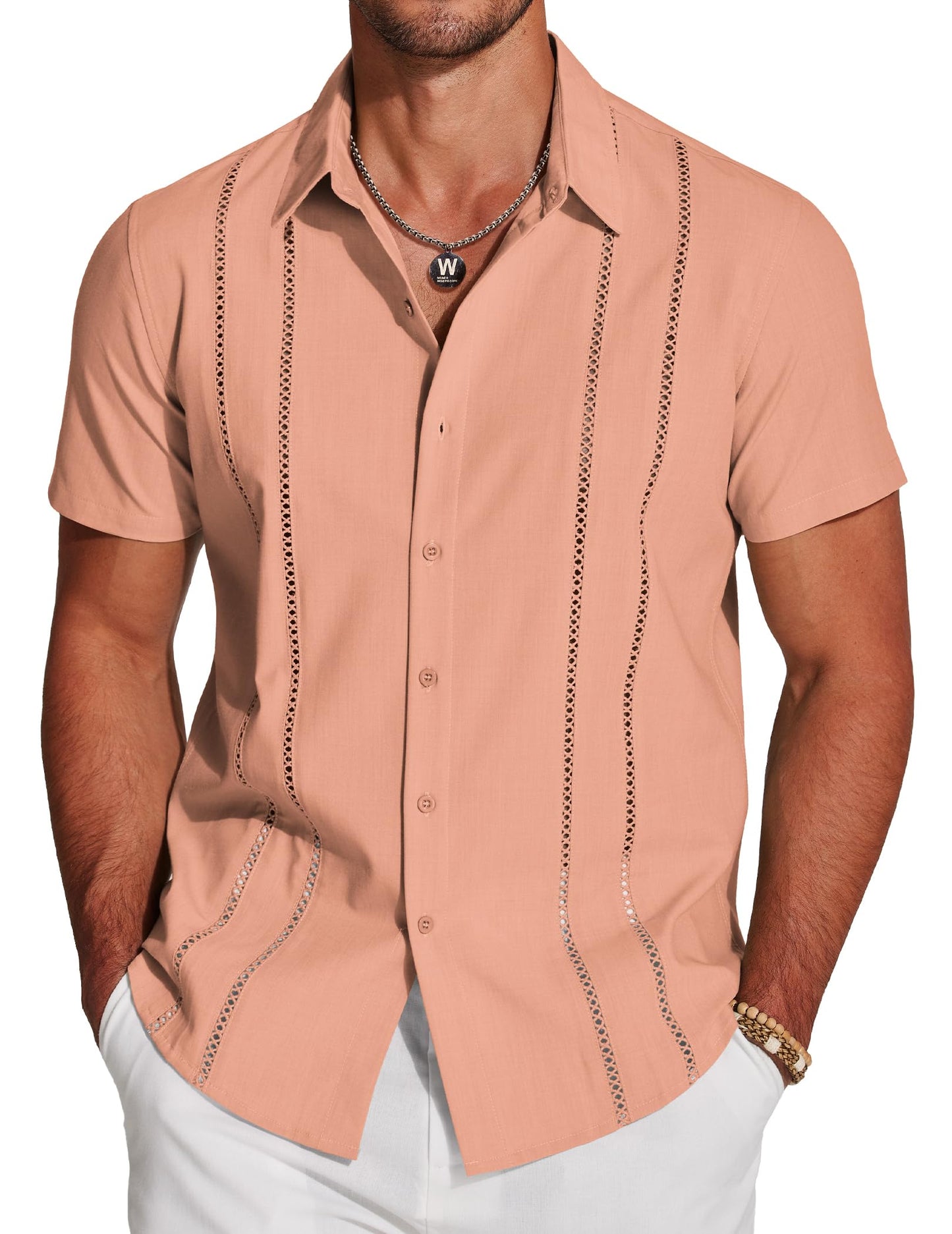 HOTCOOFANDY Men's Cuban Guayabera Shirt Short Sleeve Button Down Shirts Casual Summer Beach Linen Shirts
