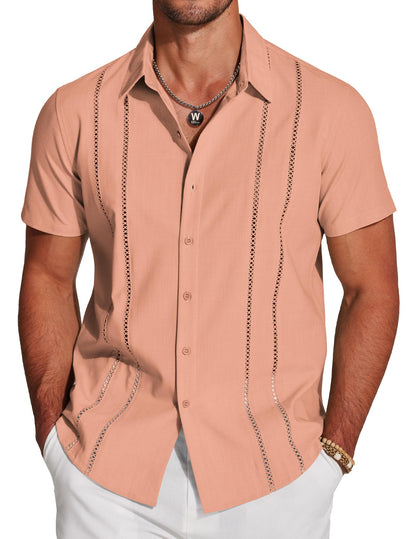 HOTCOOFANDY Men's Cuban Guayabera Shirt Short Sleeve Button Down Shirts Casual Summer Beach Linen Shirts