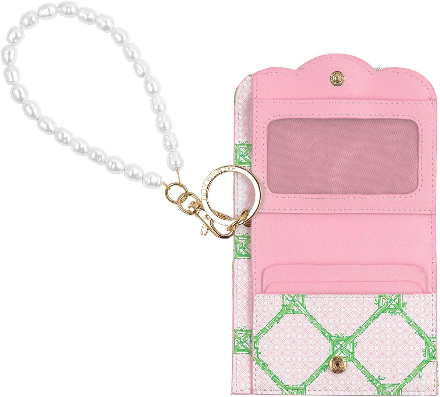 HOTLilly Pulitzer Snap ID Card Case, Cute Keychain Wallet, Slim Credit Card Holder with Pearl Wristlet Strap, Butterfly Trellis