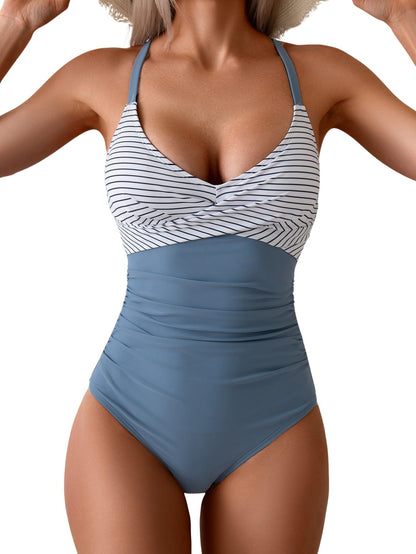 HOTB2prity Women's One Piece Swimsuits Tummy Control Front Cross Bathing Suits Tie Back Slimming V Neck Swimwear