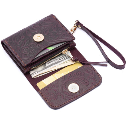 HOTToros Craft Handmade Leather Wallets for Women, Western Wristlet Wallets, Floral Leather Small Credit Card Holder with Zipper, Minimalist & Cute Coin Pouch, Genuine Leather, Camel
