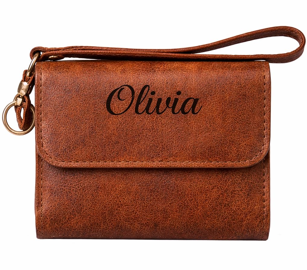 HOTToros Craft Handmade Leather Wallets for Women, Western Wristlet Wallets, Floral Leather Small Credit Card Holder with Zipper, Minimalist & Cute Coin Pouch, Genuine Leather, Camel