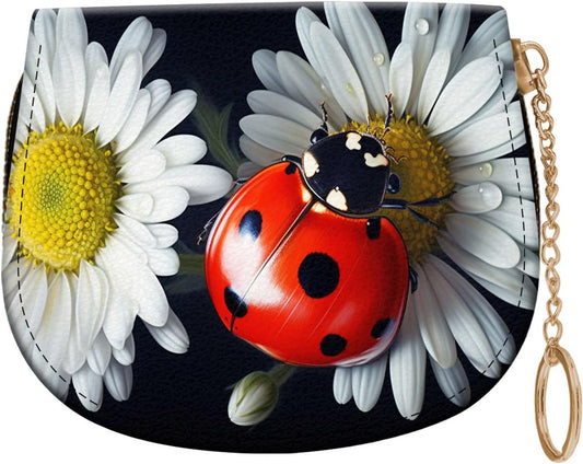 HOTWomen's Slim RFID Wallet – Compact Leather Card Holder Wallet for Women, 9 Card Slots RFID Blocking Credit Card Organizer, Small Travel Wallet - Ladybug on Daisy Flower