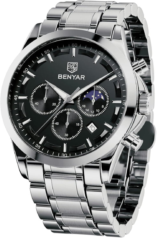 HOTBENYAR Mens Watches Analog Quartz Chronograph Waterproof Wrist Watches for Men Fashion Business Work Casual Sport Designer Dress Watch with Calendar Elegant Gifts for Men