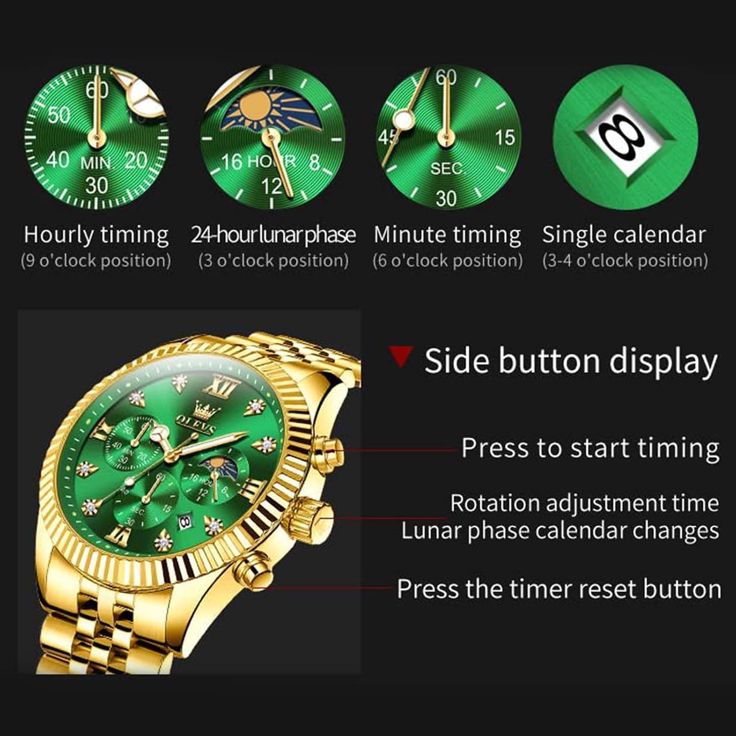 HOTOLEVS Gold Watches for Men Luxury Dress Green Big Face Stainless Steel Analog Quartz Mens Watch Wrist Waterproof Fashion Chronograph Moon Phase Luminous Mens Watches Relojes para Hombres