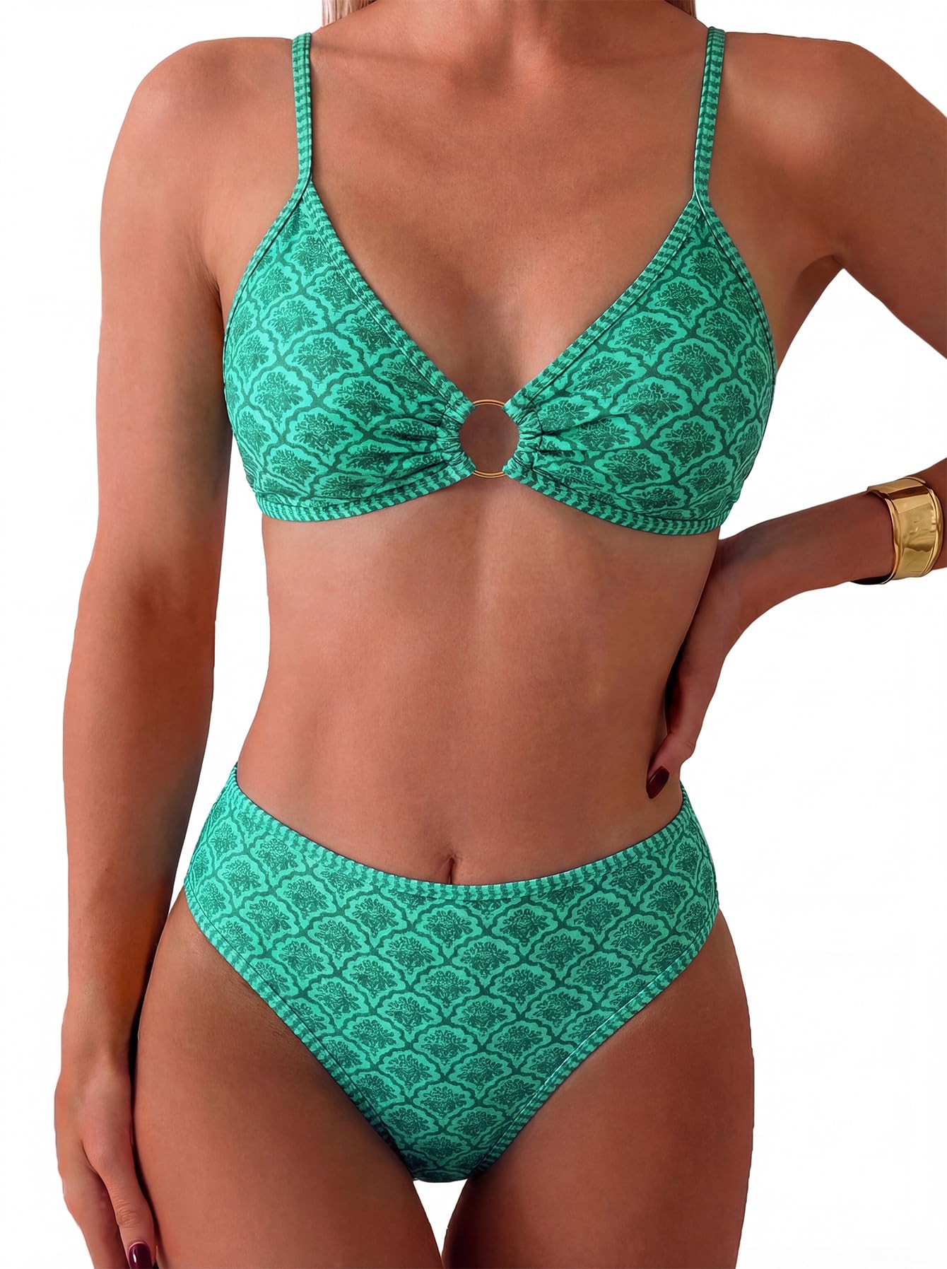 HOTTainehs Women's Two Piece Bikini Sets O Ring Front Top Ditsy Floral Triangle Swimsuits Cheeky Bathing Suit