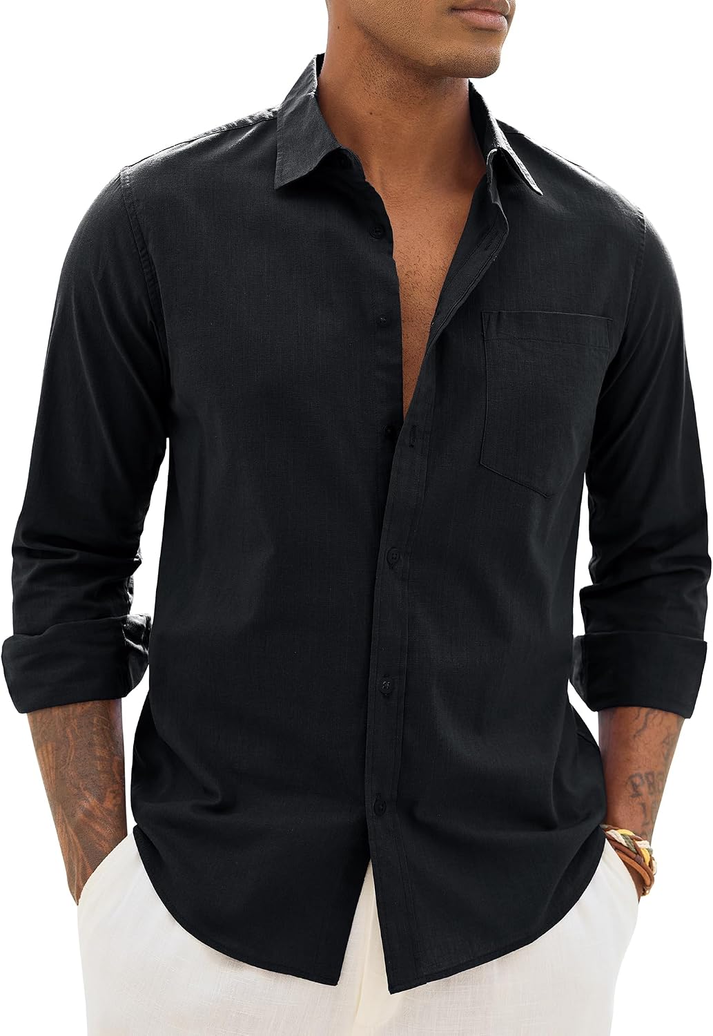 HOTAlimens & Gentle Mens Cotton Linen Textured Shirt Long Sleeve Button Down Shirts Casual Summer Beach Wedding Tops with Pocket