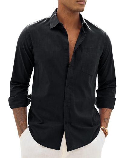 HOTAlimens & Gentle Mens Cotton Linen Textured Shirt Long Sleeve Button Down Shirts Casual Summer Beach Wedding Tops with Pocket