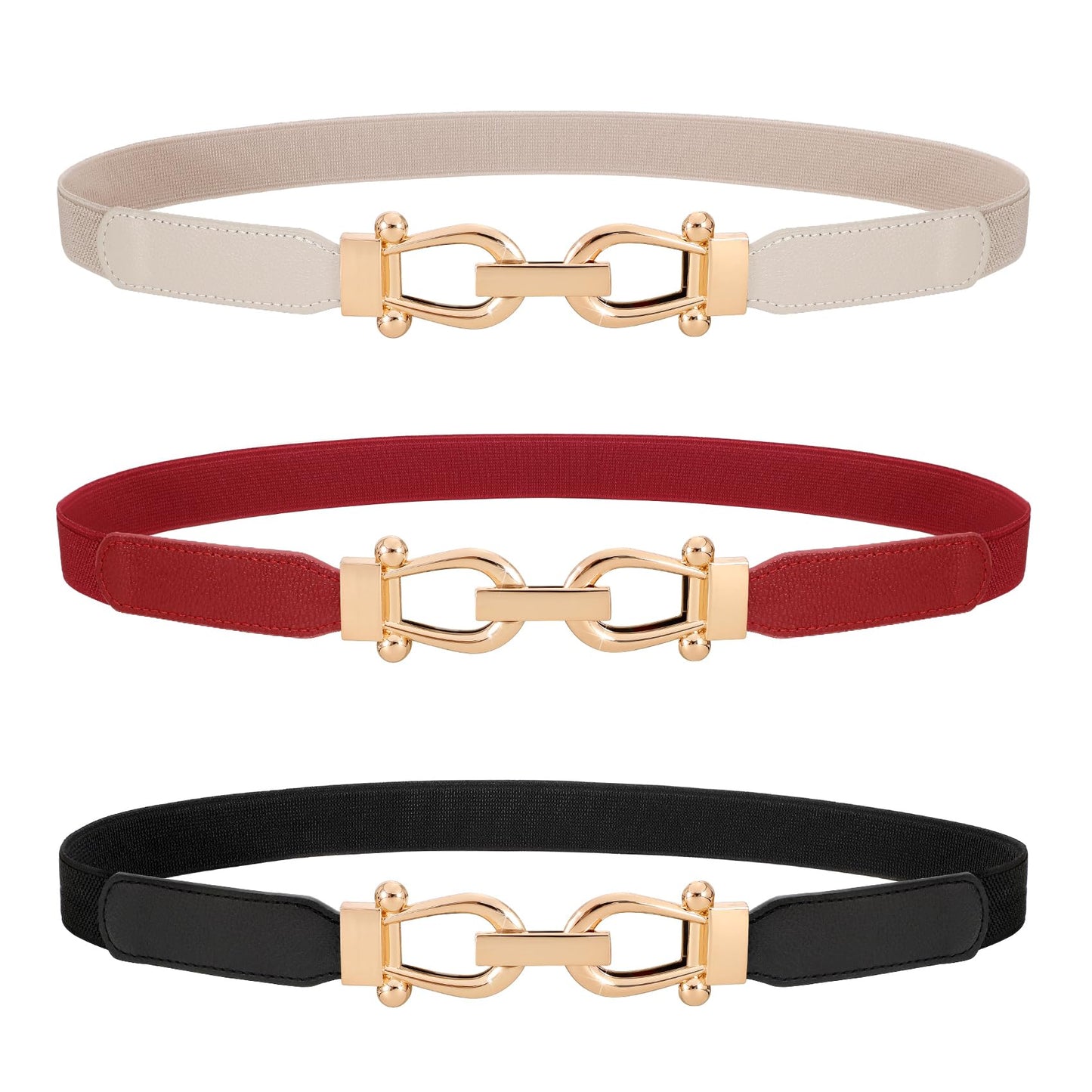 HOTWERFORU 3 Pack Women Skinny Elastic Waist Belt Gold Buckle Stretchy Thin Belt for Jeans Dress