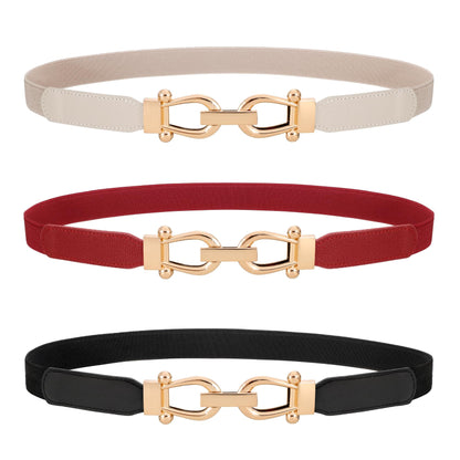 HOTWERFORU 3 Pack Women Skinny Elastic Waist Belt Gold Buckle Stretchy Thin Belt for Jeans Dress