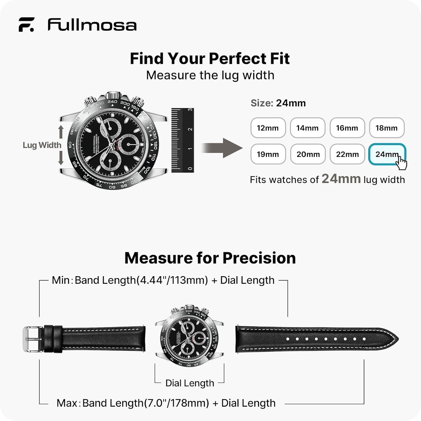 HOTFullmosa 24mm Quick Release Leather Watch Band | Traditional Smartwatch Replacement Strap for Women Men Formal Daily Commute, Black&Silver Buckle