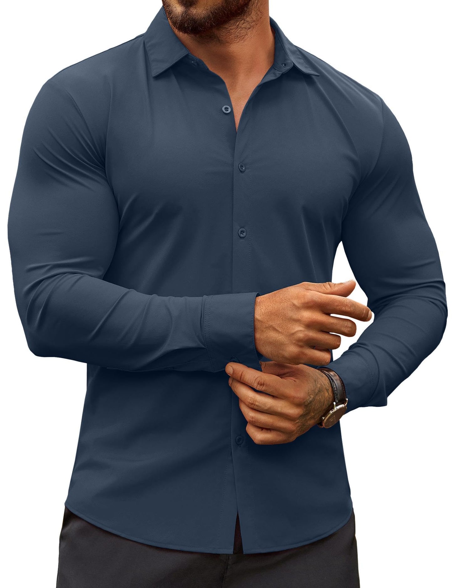 HOTCOOFANDY Men's Muscle Fit Dress Shirts Wrinkle-Free Long Sleeve Casual Button Down Shirts