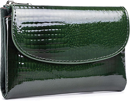 HOTWomen's Crocodile Embossed Patent Leather Wallet, RFID Blocking Card Holder, Ladies Small Trifold Wallet, Compact Purse with 10 Card Slots/ID Window/Zipper Coin Pocket - Green