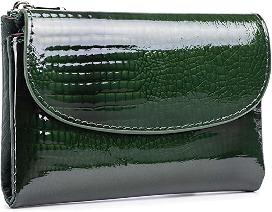 HOTWomen's Crocodile Embossed Patent Leather Wallet, RFID Blocking Card Holder, Ladies Small Trifold Wallet, Compact Purse with 10 Card Slots/ID Window/Zipper Coin Pocket - Green