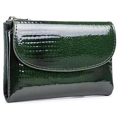HOTWomen's Crocodile Embossed Patent Leather Wallet, RFID Blocking Card Holder, Ladies Small Trifold Wallet, Compact Purse with 10 Card Slots/ID Window/Zipper Coin Pocket - Green