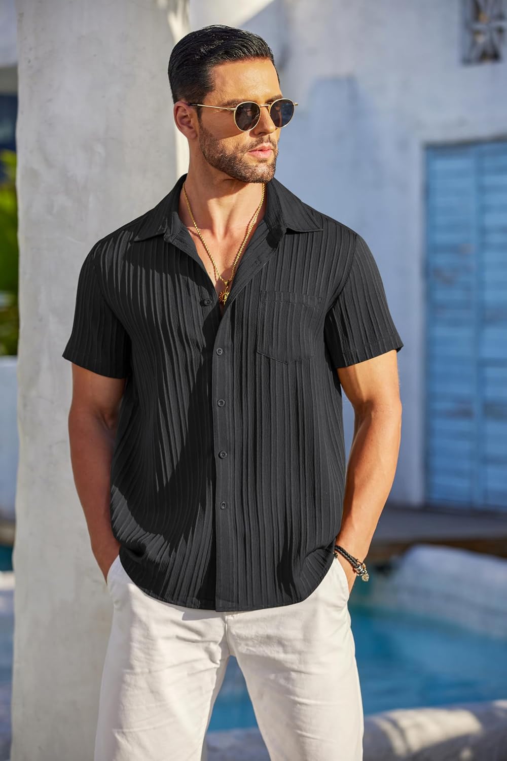HOTCOOFANDY Men's Casual Button Down Shirts Short Sleeve Textured Summer Beach Shirt with Pocket