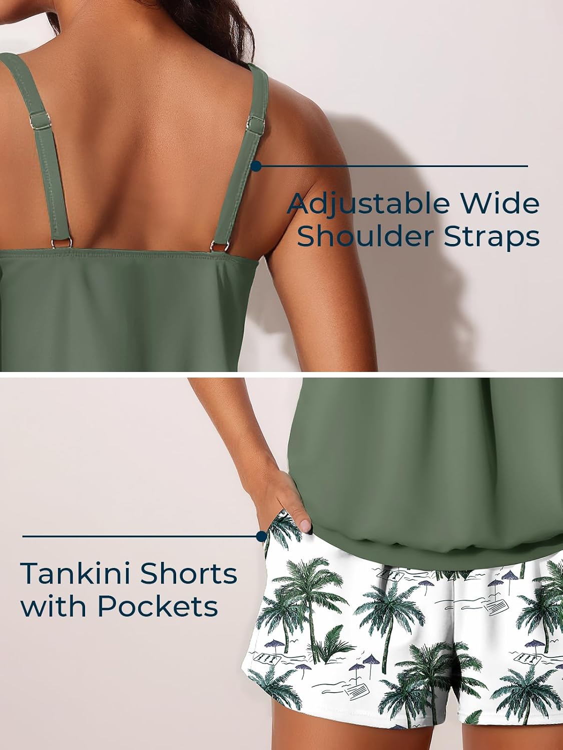 HOTSummer Mae Blouson Womens Tankini Swimsuits Tummy Control Bathing | Modest tankini with adjustable straps,built-in brief,swim shorts with pockets,plus for beach,pool,vacation