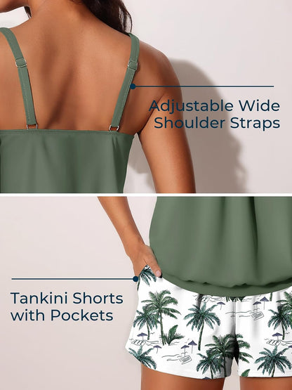 HOTSummer Mae Blouson Womens Tankini Swimsuits Tummy Control Bathing | Modest tankini with adjustable straps,built-in brief,swim shorts with pockets,plus for beach,pool,vacation