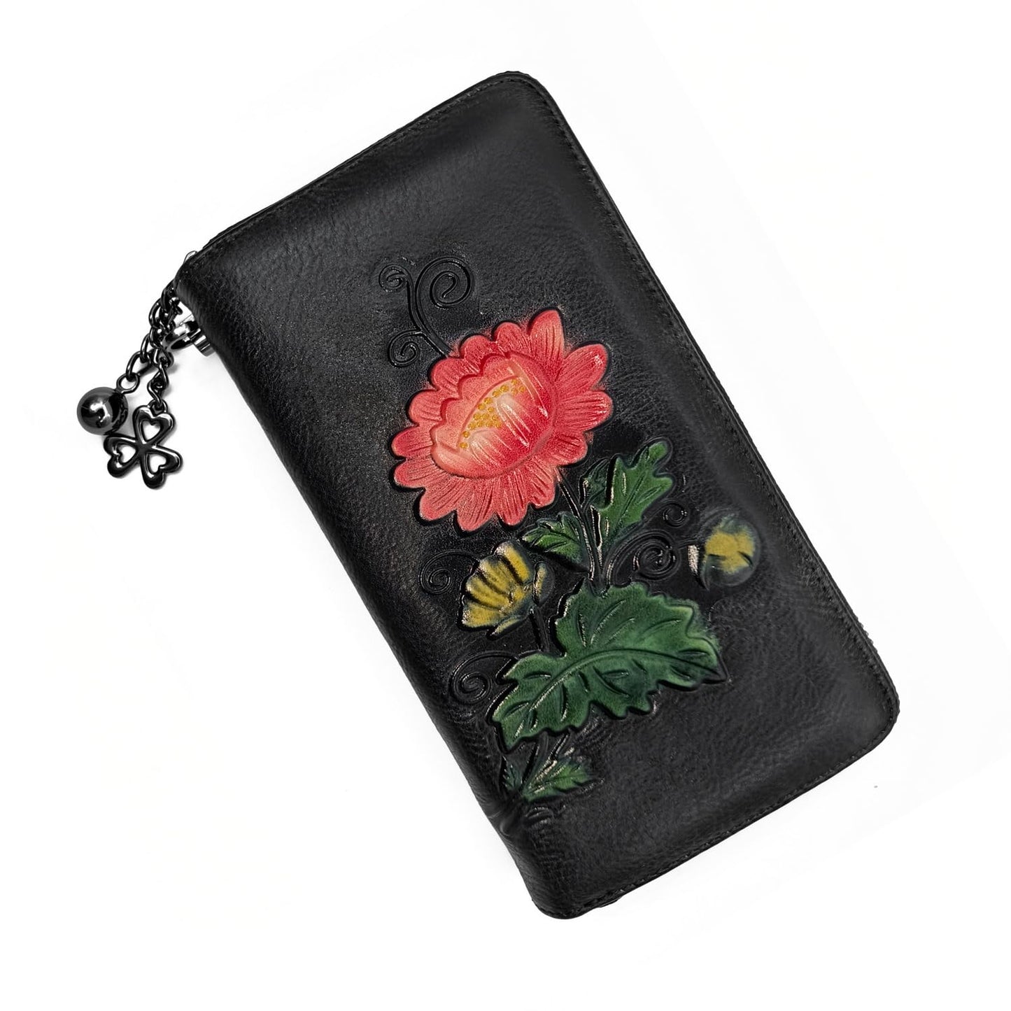 HOTWallet Genuine Leather for Women - with RFID Blocking Card checkbook ID Slot Large Capacity Vintage style (flower brown)