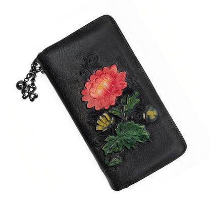 HOTWallet Genuine Leather for Women - with RFID Blocking Card checkbook ID Slot Large Capacity Vintage style (flower brown)