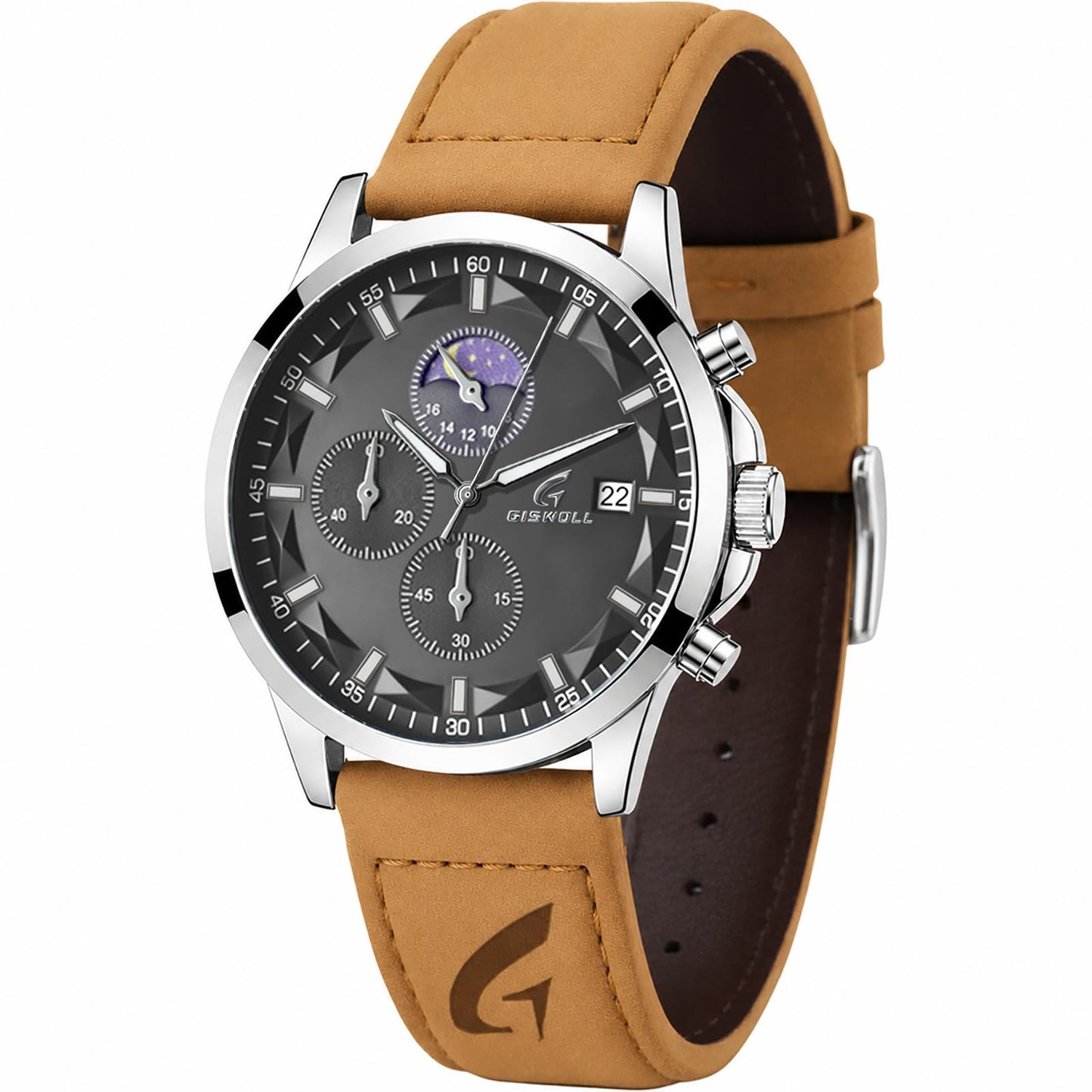 HOTFashion Casual Analog Watches for Men with Functional Chronograph Subdials | Mens Watches with Decorative Sun-Moon Dial, Auto Date, Dual Timers, Luminous, Waterproof, Gifts for Men Dad Husband Boyfriend