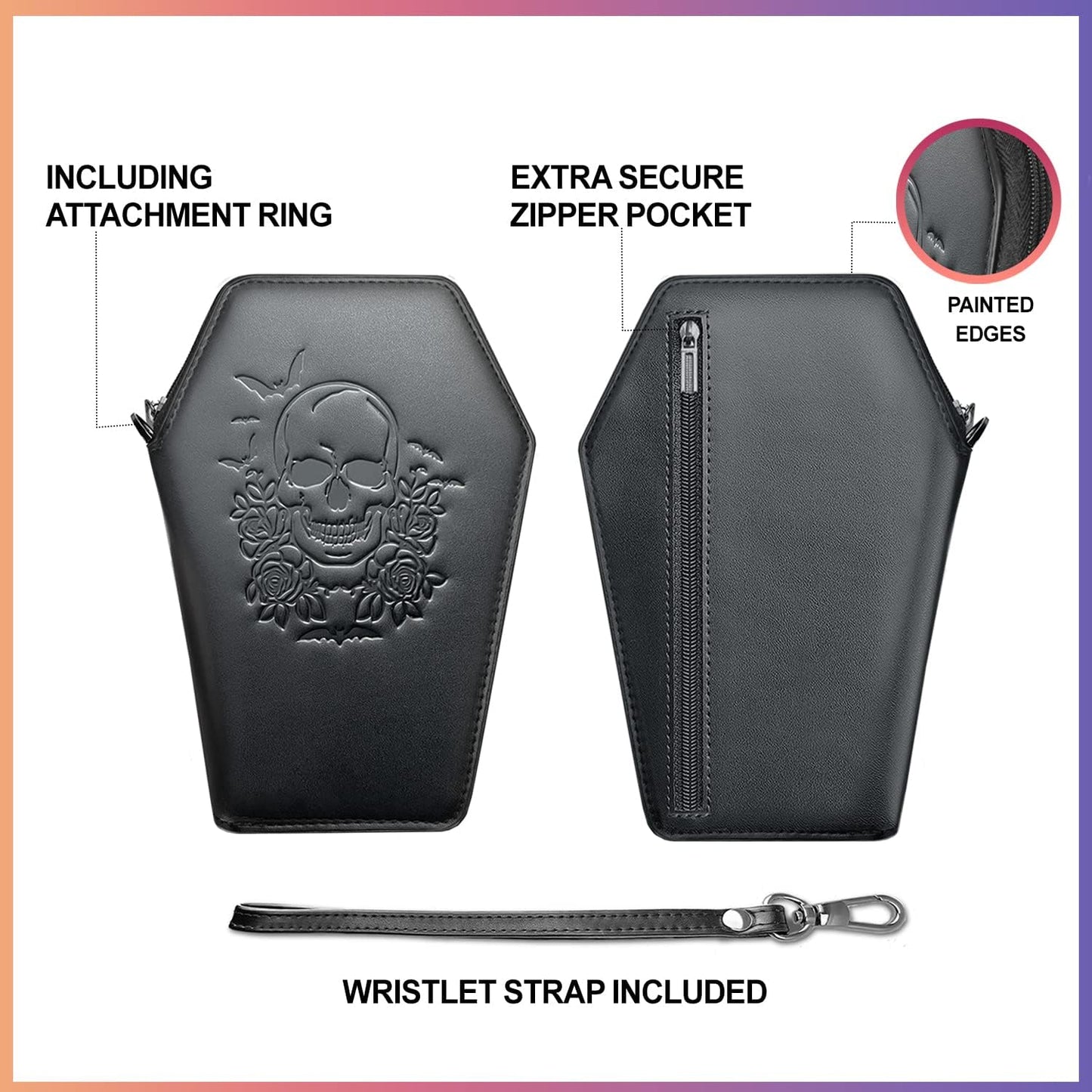 HOTLazy Skull Zip Around Coffin Wallet – Cute Witchy Small Purse for Women with Skull and Bat Design– Goth Accessory Wallet – Horror Coffin Purse– Spooky Halloween Gothic Wallet with Wristlet Strap