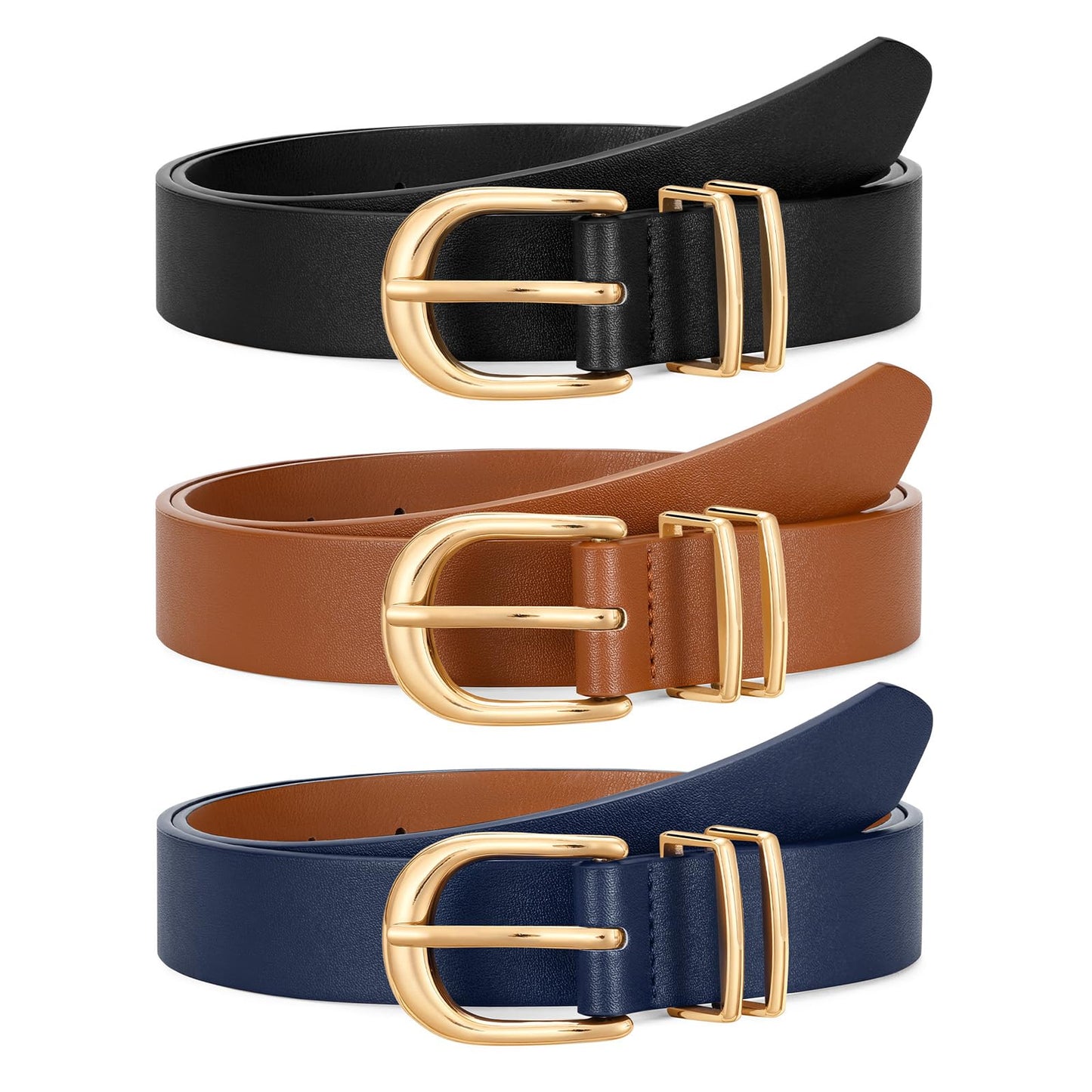 HOTJASGOOD 3 Pack Women Leather Belts For Jeans Dresses Pants Ladies Faux Leather Waist Belt with Gold Buckle