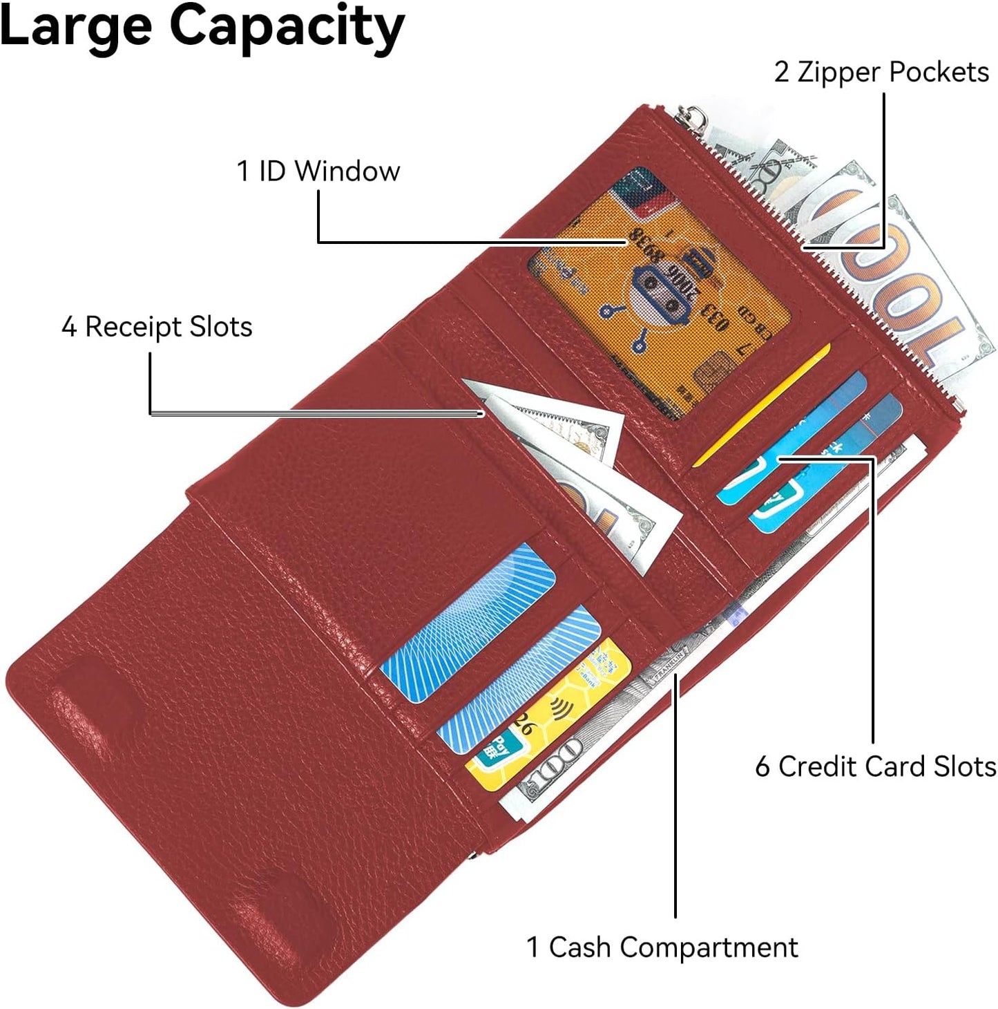 HOTBifold Wallet for Women Genuine Leather, [Large Capacity] [Magnetic Closure] Female Ladies Wallet Card Holder with ID Window, Zipper Coin Pockets (Burgundy)