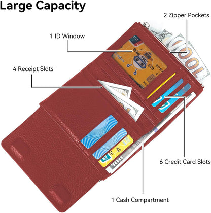 HOTBifold Wallet for Women Genuine Leather, [Large Capacity] [Magnetic Closure] Female Ladies Wallet Card Holder with ID Window, Zipper Coin Pockets (Burgundy)