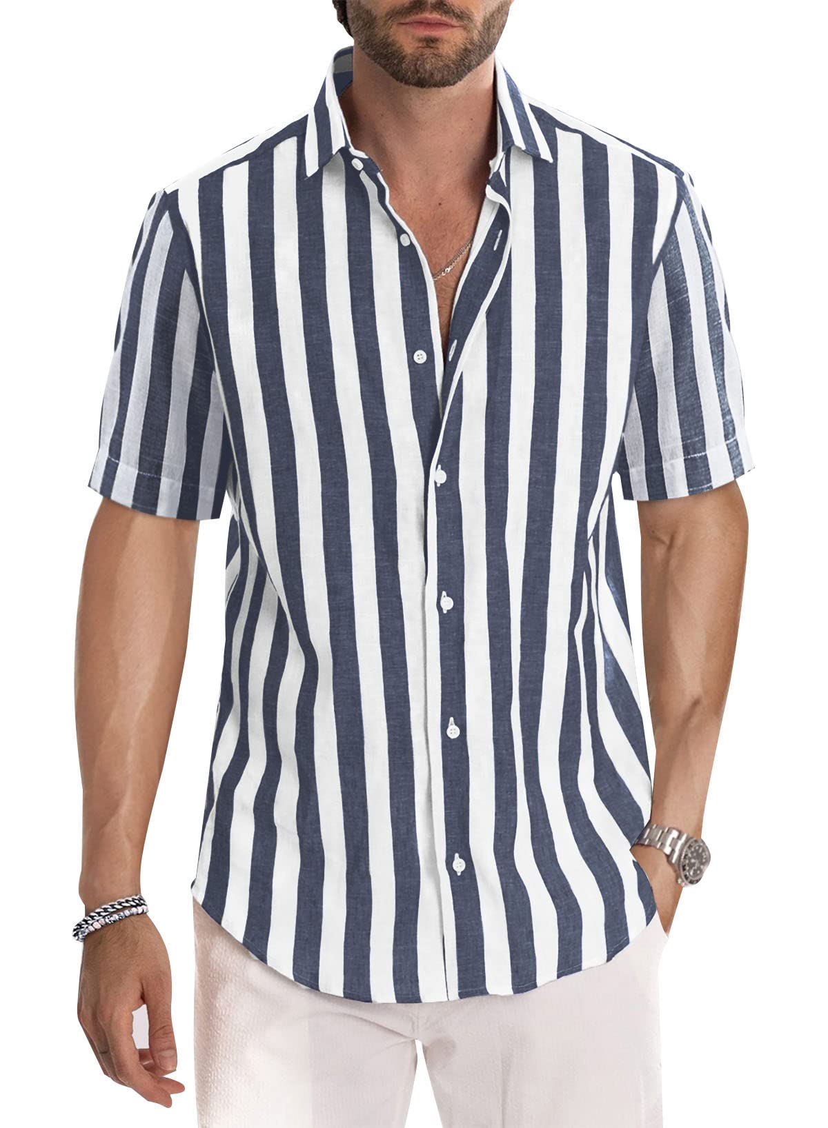 HOTJMIERR Men's Casual Stylish Short Sleeve Button-Up Striped Dress Shirt Cotton Beach Shirts