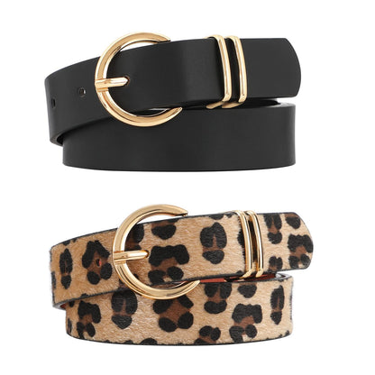 HOTVONMELLI 2 Pack Women's Leather Belts for Jeans Dresses Fashion Gold Buckle Ladies Belt