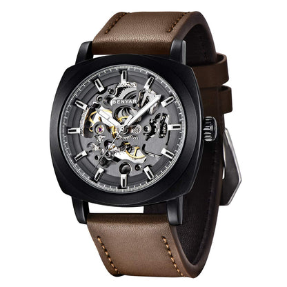 HOTBENYAR Men's Mechanical Automatic Watch | Leather Strap | Gold Movement | 45mm Skeleton Dial | Water Resistant and Scratch Resistant Stylish Gift