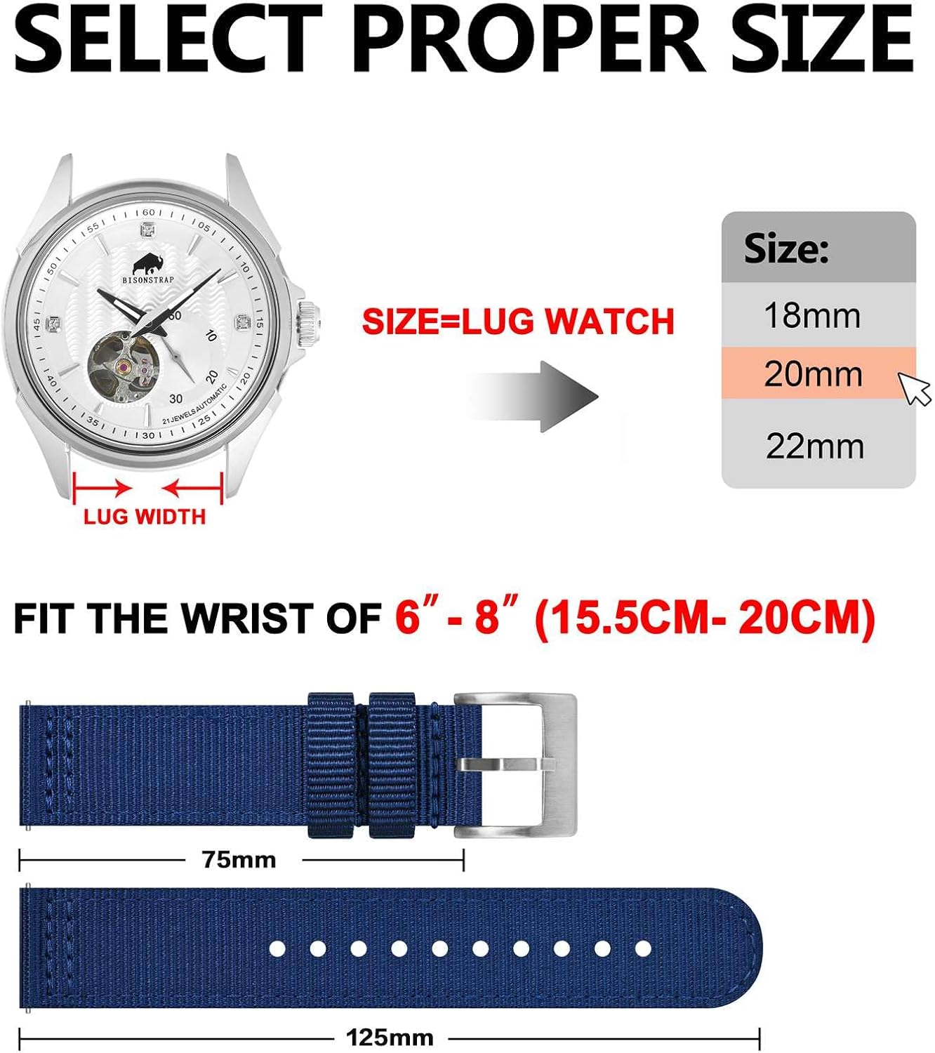 HOTBISONSTRAP Men’s Nylon Watch Bands, Two-Piece Military Watch Straps, Quick Release, Brushed Buckle, Band Width 18mm 19mm 20mm 22mm
