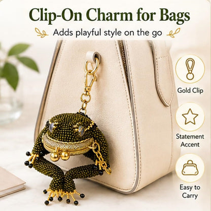 HOTCharming Frog Coin Purse, Kiss Lock Small Pouch for Earbuds Keychain Bag | Cute Amphibian Coin Holder with Beaded Detail, Mini Storage Pouch for Daily Carry Handbag Decoration
