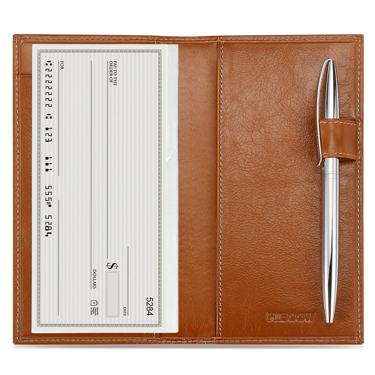 HOTHISCOW Leather Checkbook Cover for Duplicate Checks with Pen Holder | Full grain cowhide, personal check book & register pockets, removable vinyl divider, durable stitching, gifts for women men