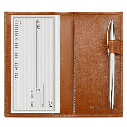 HOTHISCOW Leather Checkbook Cover for Duplicate Checks with Pen Holder | Full grain cowhide, personal check book & register pockets, removable vinyl divider, durable stitching, gifts for women men