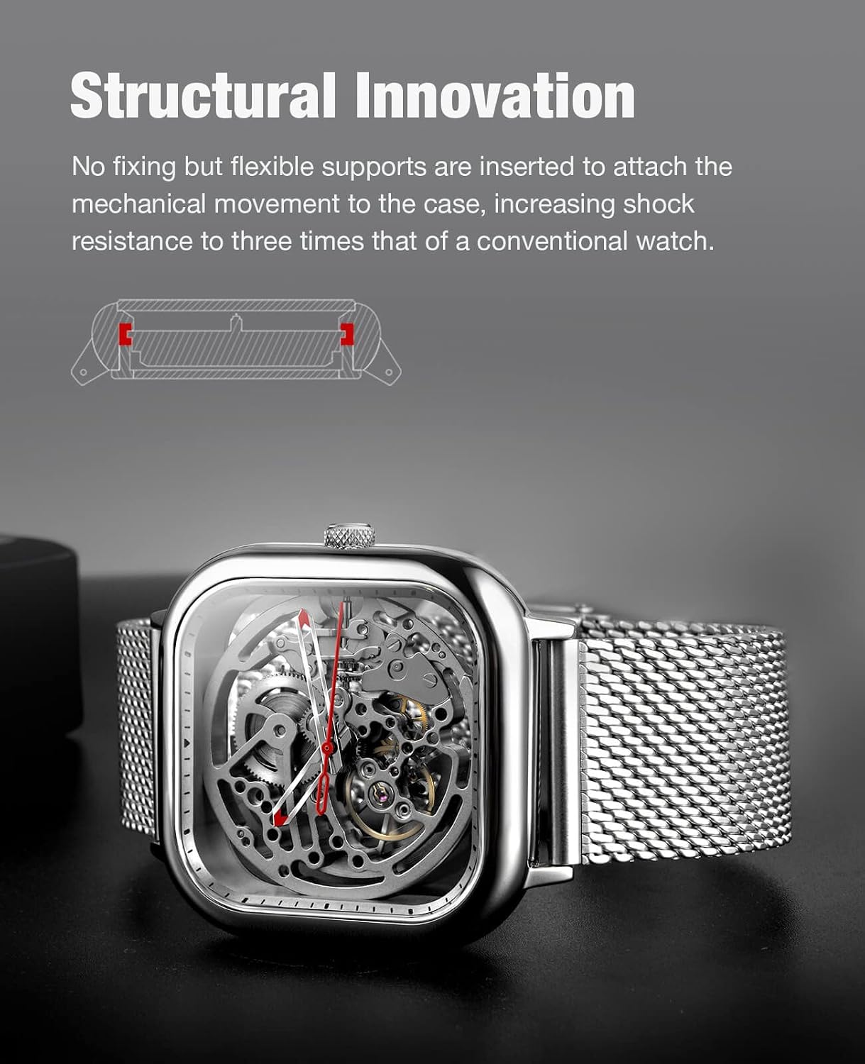 HOTCIGA Design Automatic Mechanical Watch C Series Skeleton Analog Wrist Watch with Milanese Strap Sapphire Crystal Mirror Gifts for Men and Women