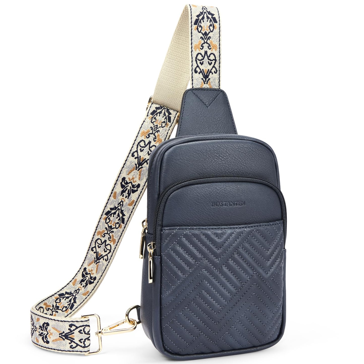 HOTBOSTANTEN Sling Bag Quilted Crossbody Bags for Women Cross Body Purse Leather Fanny Pack with Adjustable Guitar Strap