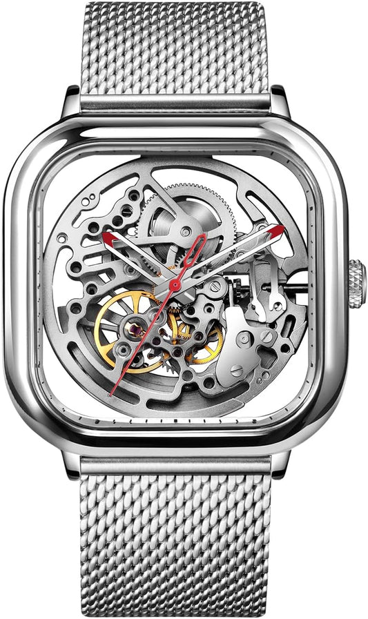 HOTCIGA Design Automatic Mechanical Watch C Series Skeleton Analog Wrist Watch with Milanese Strap Sapphire Crystal Mirror Gifts for Men and Women